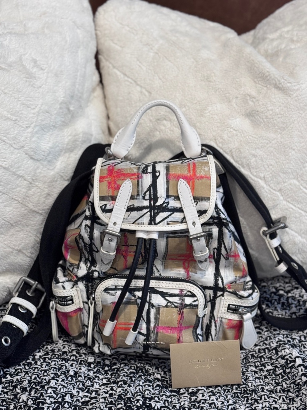 Burberry Graffiti Nova Check Mini Backpack Beige White Leather 4072718